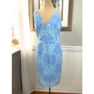 Dress The Population Aurora Lace Midi Dress Floral V-Neck Sleeveless Summer Sky